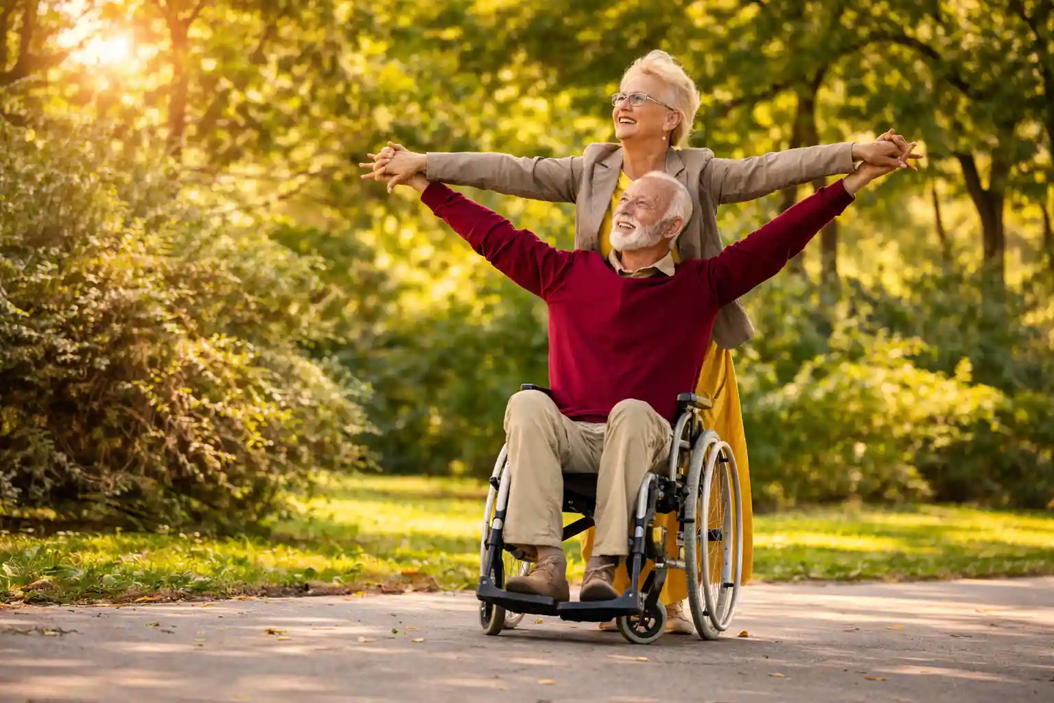 Glückliche Seniorin im Rollstuhl mit Begleiterin im Park